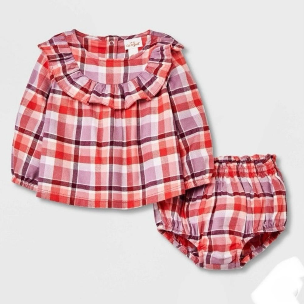 Cat & Jack Baby Girls' Ruffle Plaid Top & Bottom Set - Orange size 12 M…